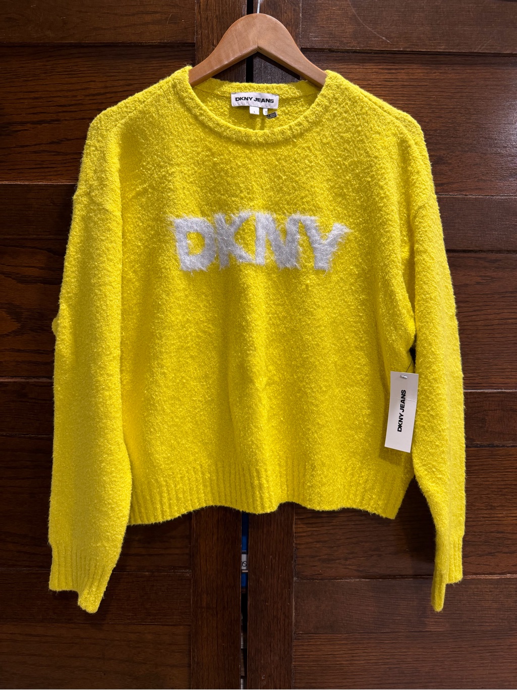 Nwt Dkny Jeans Large Lemon Yellow Knit Logo Crewneck Sweater Fuzzy Cozy Sparkle